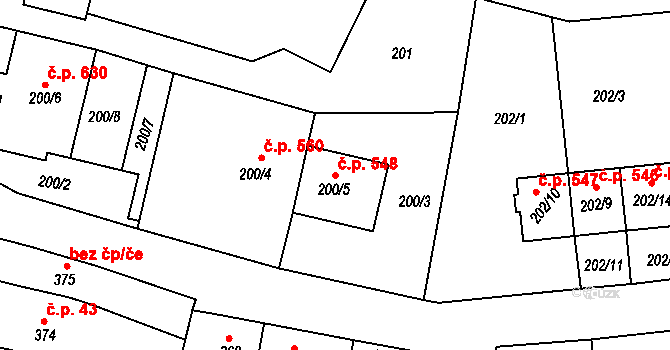 Drnovice 548 na parcele st. 200/5 v KÚ Drnovice u Vyškova, Katastrální mapa