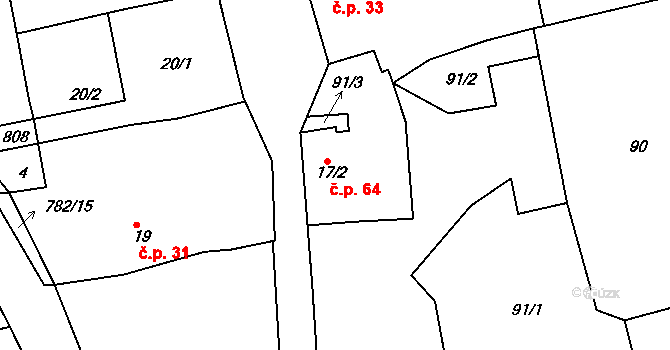 Srlín 64, Bernartice na parcele st. 17/2 v KÚ Srlín, Katastrální mapa