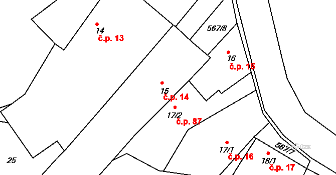 Korycany 14, Neratovice na parcele st. 15 v KÚ Korycany, Katastrální mapa