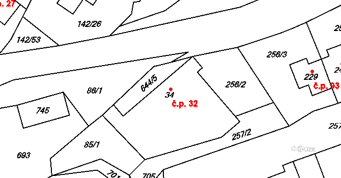Libeř 32 na parcele st. 34/1 v KÚ Libeř, Katastrální mapa