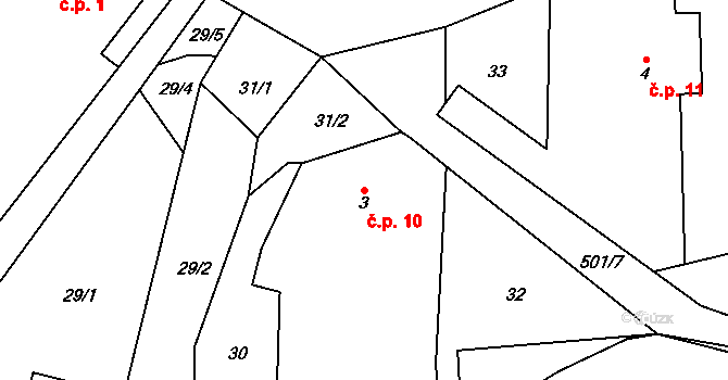Horní Kamenice 10 na parcele st. 3 v KÚ Horní Kamenice u Staňkova, Katastrální mapa