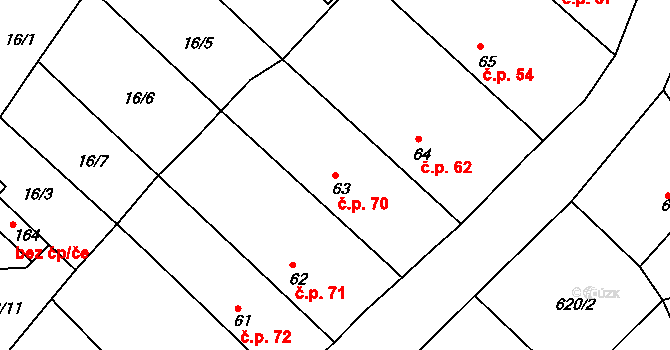 Těškov 70 na parcele st. 63 v KÚ Těškov, Katastrální mapa
