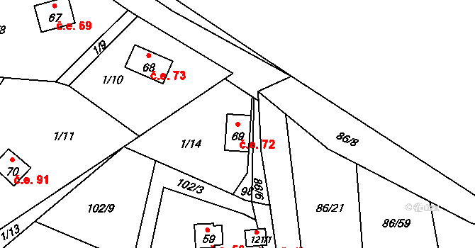 Počaply 72, Sezemice na parcele st. 69 v KÚ Počaply nad Loučnou, Katastrální mapa