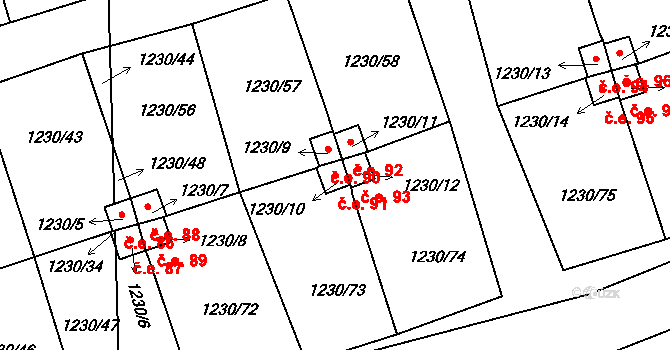 Vejprnice 91 na parcele st. 1230/10 v KÚ Vejprnice, Katastrální mapa