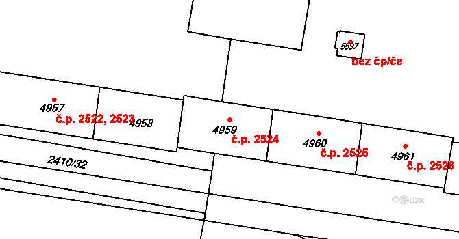 Zelené Předměstí 2524, Pardubice na parcele st. 4959 v KÚ Pardubice, Katastrální mapa