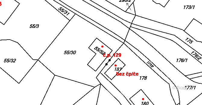 Sadov 129 na parcele st. 55/52 v KÚ Sadov, Katastrální mapa