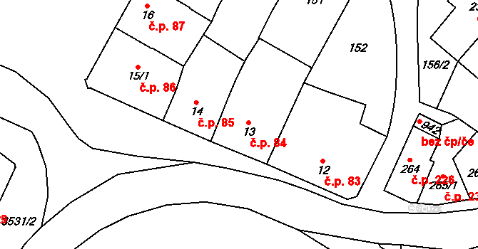 Lysice 84 na parcele st. 13 v KÚ Lysice, Katastrální mapa