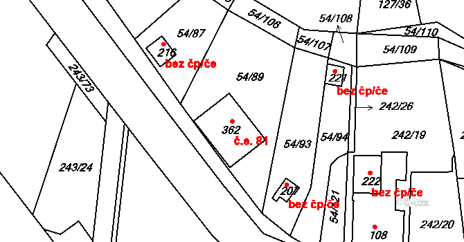Srbice 81 na parcele st. 362 v KÚ Srbice, Katastrální mapa