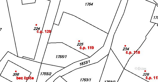 Hrabišín 119 na parcele st. 225 v KÚ Hrabišín, Katastrální mapa