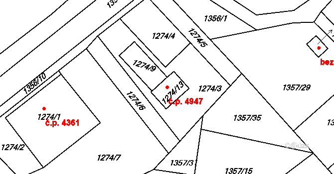 Mšeno nad Nisou 4947, Jablonec nad Nisou na parcele st. 1274/13 v KÚ Mšeno nad Nisou, Katastrální mapa