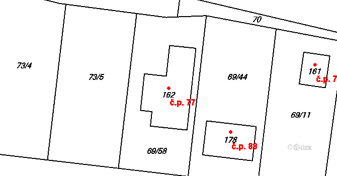 Mutěnice 77 na parcele st. 162 v KÚ Mutěnice u Strakonic, Katastrální mapa