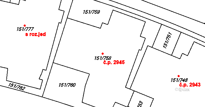 Stodůlky 2945, Praha na parcele st. 151/758 v KÚ Stodůlky, Katastrální mapa