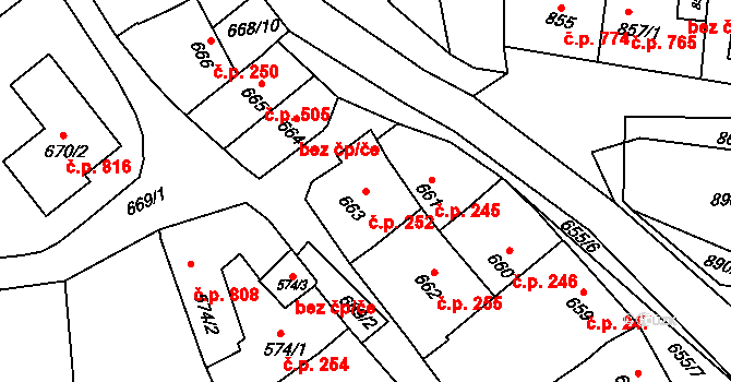 Klobouky u Brna 252 na parcele st. 663 v KÚ Klobouky u Brna, Katastrální mapa