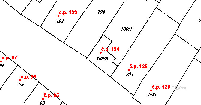 Perná 124 na parcele st. 199/3 v KÚ Perná, Katastrální mapa
