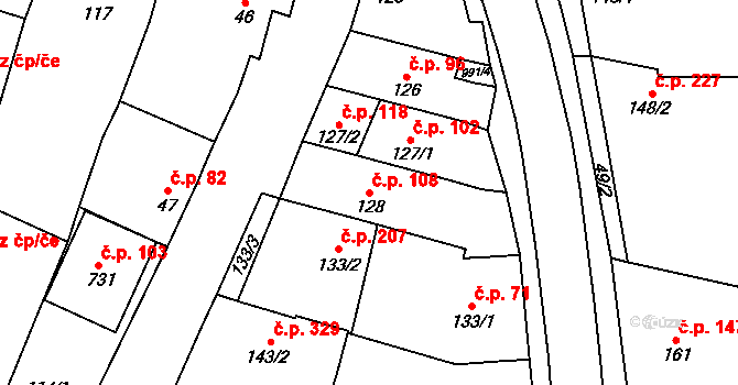 Přímětice 108, Znojmo na parcele st. 128 v KÚ Přímětice, Katastrální mapa