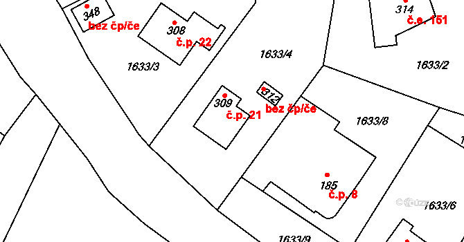 Nesměřice 21, Zruč nad Sázavou na parcele st. 309 v KÚ Nesměřice, Katastrální mapa