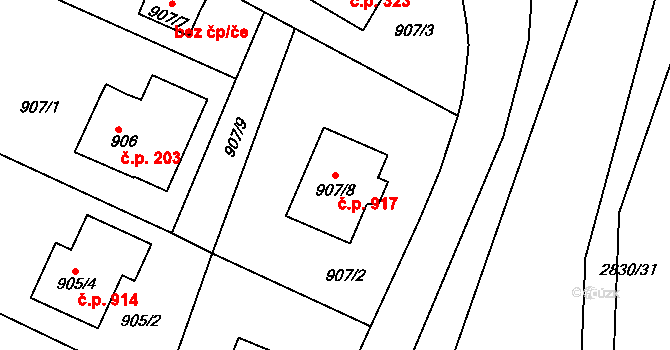 Zruč nad Sázavou 917 na parcele st. 907/8 v KÚ Zruč nad Sázavou, Katastrální mapa