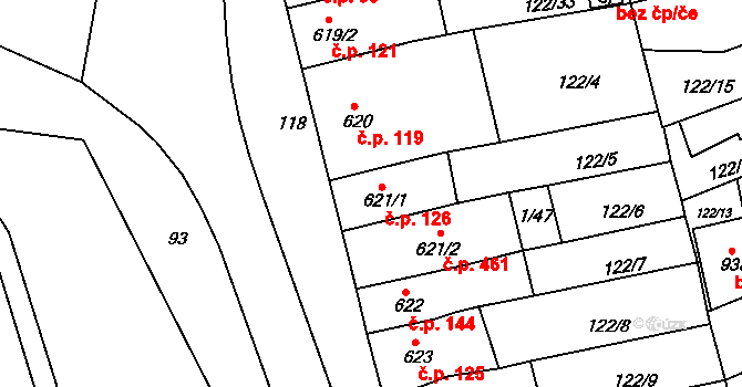 Telč-Štěpnice 126, Telč na parcele st. 621/1 v KÚ Telč, Katastrální mapa