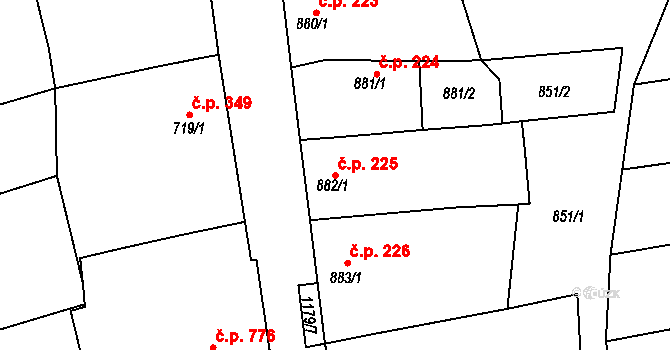 Šardice 225 na parcele st. 882/1 v KÚ Šardice, Katastrální mapa
