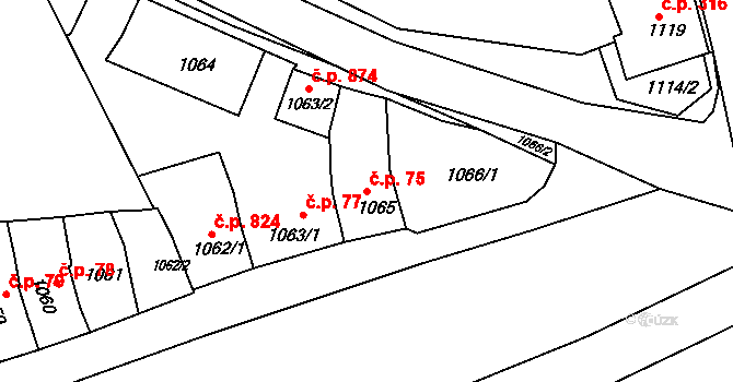 Ivanovice na Hané 75 na parcele st. 1065 v KÚ Ivanovice na Hané, Katastrální mapa