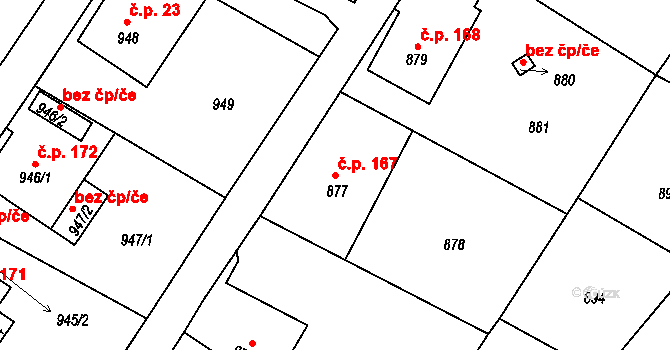 Zaječov 167 na parcele st. 877 v KÚ Zaječov, Katastrální mapa