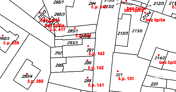 Roudnice nad Labem 143 na parcele st. 291 v KÚ Roudnice nad Labem, Katastrální mapa