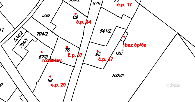 Podviní 47, Trnovany na parcele st. 95 v KÚ Trnovany u Litoměřic, Katastrální mapa