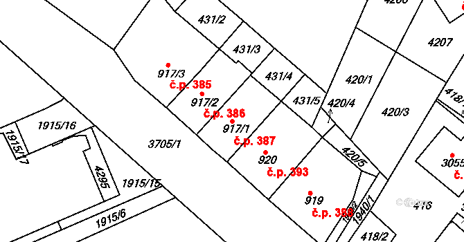 Žichlínské Předměstí 387, Lanškroun na parcele st. 917/1 v KÚ Lanškroun, Katastrální mapa