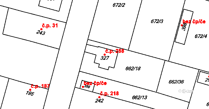 Krchleby 258 na parcele st. 327 v KÚ Krchleby u Nymburka, Katastrální mapa