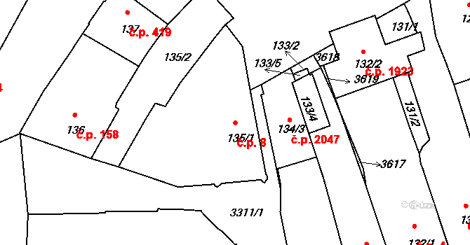 Pelhřimov 8 na parcele st. 135/1 v KÚ Pelhřimov, Katastrální mapa