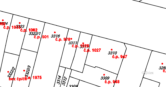 Teplice 1027 na parcele st. 3311 v KÚ Teplice, Katastrální mapa