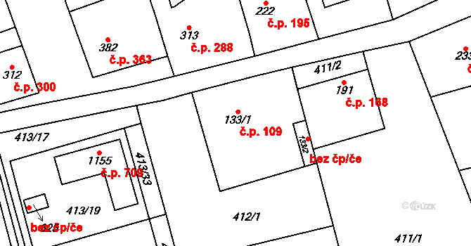 Veltrusy 109 na parcele st. 133/1 v KÚ Veltrusy, Katastrální mapa