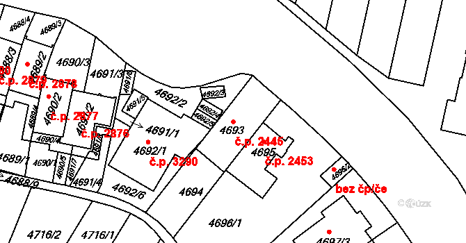 Smíchov 2445, Praha na parcele st. 4693 v KÚ Smíchov, Katastrální mapa