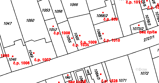 Kyje 1009, Praha na parcele st. 1065 v KÚ Kyje, Katastrální mapa