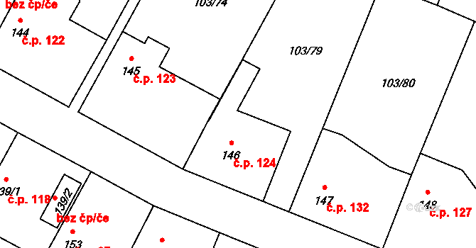 Břežany II 124 na parcele st. 146 v KÚ Břežany II, Katastrální mapa