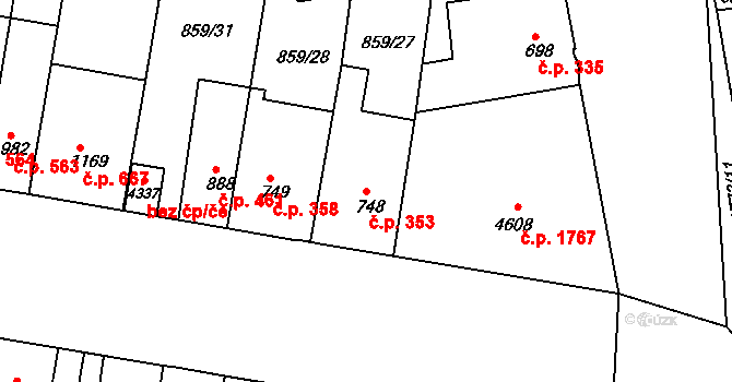 Pražské Předměstí 353, Hradec Králové na parcele st. 748 v KÚ Pražské Předměstí, Katastrální mapa