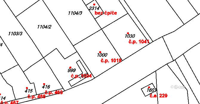Rosice 1018 na parcele st. 1000 v KÚ Rosice u Brna, Katastrální mapa