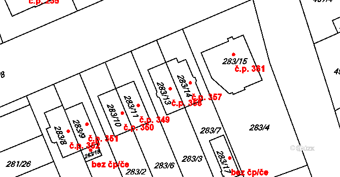 Hradiště 358, Plzeň na parcele st. 283/13 v KÚ Hradiště u Plzně, Katastrální mapa