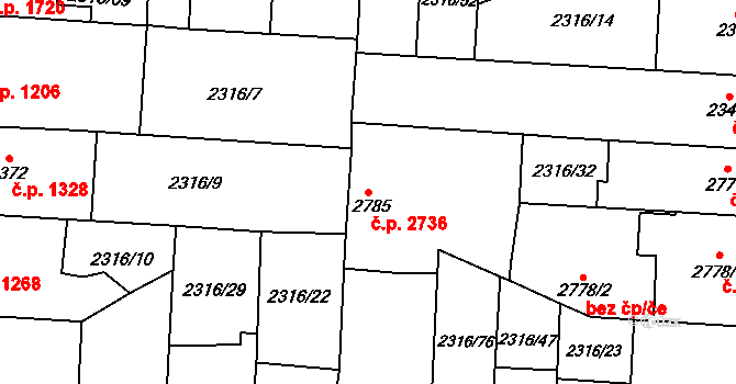 Zelené Předměstí 2736, Pardubice na parcele st. 2785 v KÚ Pardubice, Katastrální mapa