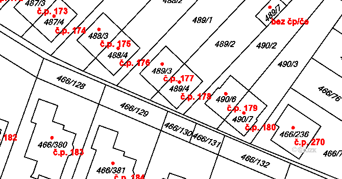 Rebešovice 178 na parcele st. 489/4 v KÚ Rebešovice, Katastrální mapa