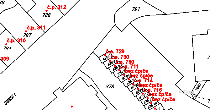 Vyškov-Předměstí 729, Vyškov na parcele st. 875/9 v KÚ Vyškov, Katastrální mapa