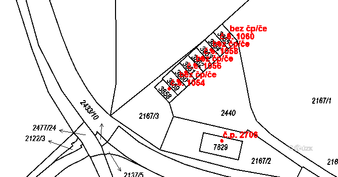 Cheb 1054 na parcele st. 3858 v KÚ Cheb, Katastrální mapa