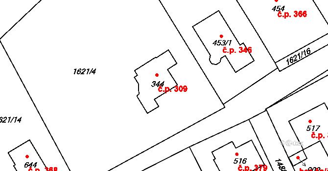 Křižanov 309 na parcele st. 344 v KÚ Křižanov, Katastrální mapa