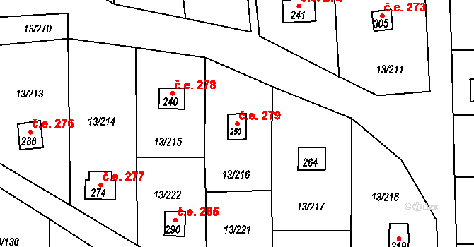 Mechová 279, Lipová na parcele st. 250 v KÚ Mechová, Katastrální mapa