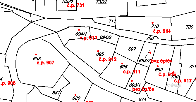 Brumov 912, Brumov-Bylnice na parcele st. 695 v KÚ Brumov, Katastrální mapa