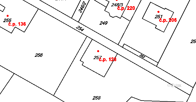 Děhylov 128 na parcele st. 257 v KÚ Děhylov, Katastrální mapa
