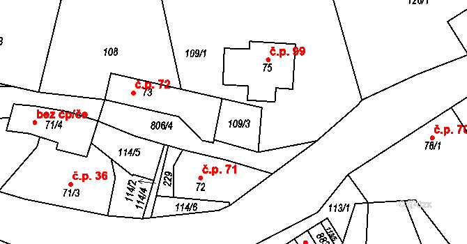 Vamberk 44243952 na parcele st. 74 v KÚ Merklovice, Katastrální mapa