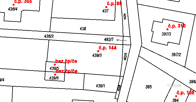Bobrovníky 144, Hlučín na parcele st. 439/3 v KÚ Bobrovníky, Katastrální mapa