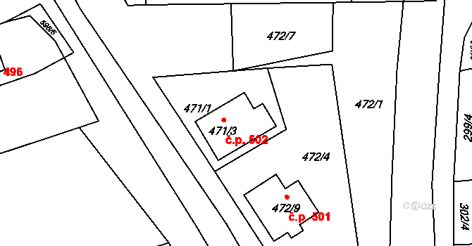 Syrovice 502 na parcele st. 471/3 v KÚ Syrovice, Katastrální mapa