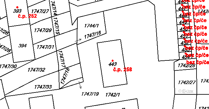 Klenčí pod Čerchovem 258 na parcele st. 443 v KÚ Klenčí pod Čerchovem, Katastrální mapa